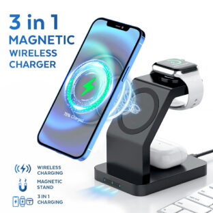 RURILIFE 3in1 MAGNETIC スマホ ワイアレス 充電器 黒 Qi規格 iphone12 13 pro Max 対応 Galaxy S8/S8+ S9/S9+ Note10等