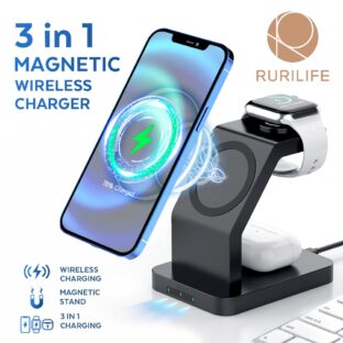 RURILIFE 3in1 MAGNETIC スマホ ワイアレス 充電器 ワイヤレス充電器 スマホ充電器 置くだけ ワイヤレス 置くだけ充電器 スマホスタンド アンドロイド スマートフォン Qi規格 iphone iphone12 iphone13 pro Max 対応 Galaxy S8/S8+ S9/S9+ Note10等