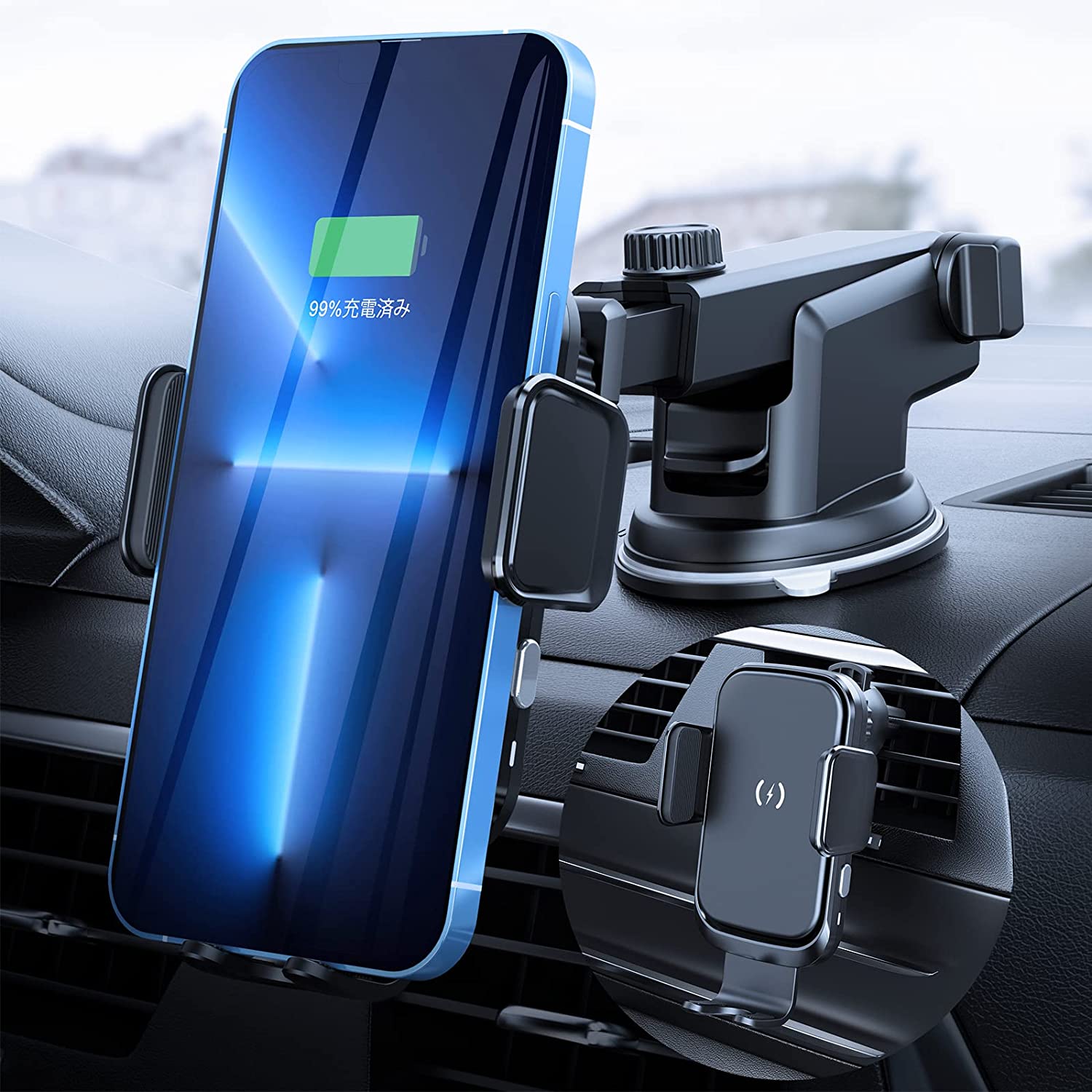 【2024最新強化版】車載ワイヤレス充電器 15W 急速 車載ホルダー スマホホルダー 車 自動開閉 iPhone14シリーズ iPhone 13シリーズ iPhone 12シリーズ promax/XS/XR / 8 / Samsung S8 / S9 / S10 qi機種対応 4.0-7.0インチに対応 360度回転 エアコン吹き出し口用