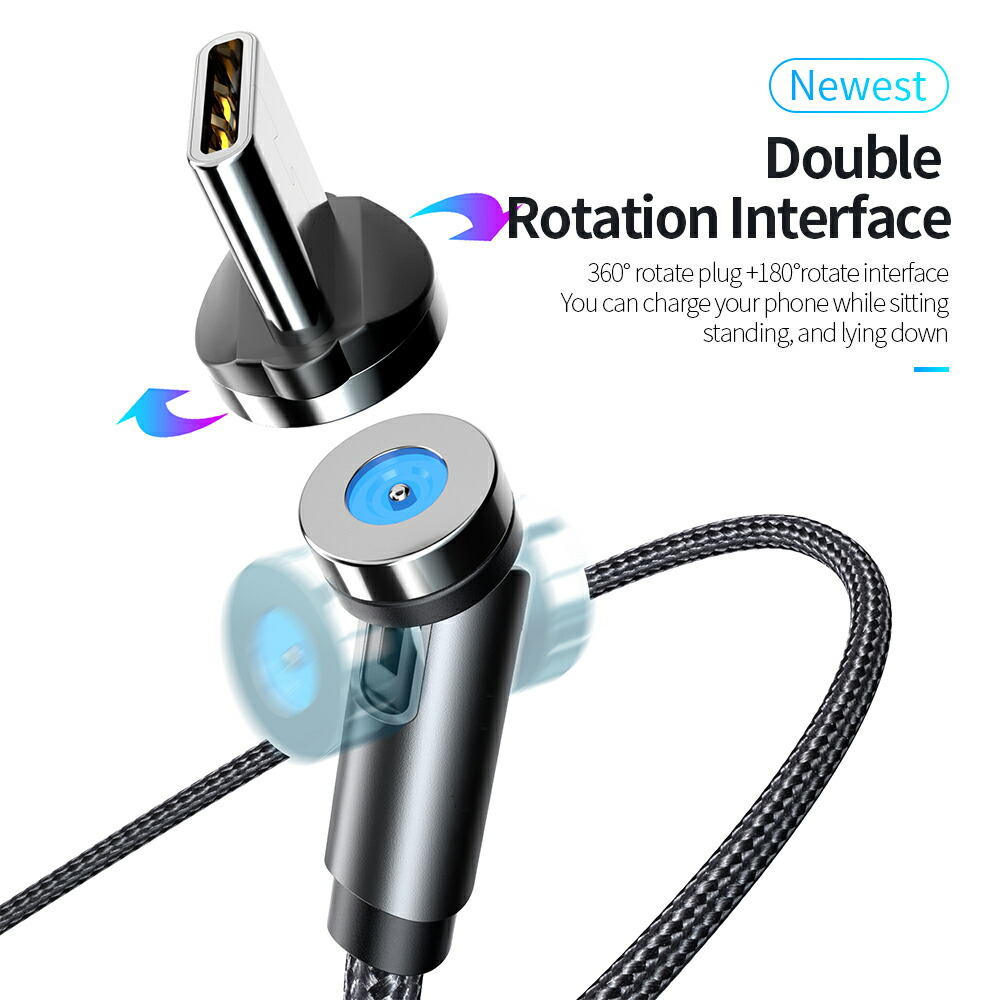 RURILIFE マグネット 充電ケーブル 3in1 USBケーブル 540°充電コード 2m 回転 磁石 マグネット充電ケーブル マグネット式 充電 ケーブル コード スマホ充電コード マグネット式充電ケーブル 充電器 磁気 iphone android Type-c Micro usb タイプC typec 3種 - 画像 (4)