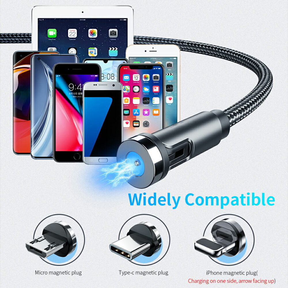 RURILIFE マグネット 充電ケーブル 3in1 USBケーブル 540°充電コード 2m 回転 磁石 マグネット充電ケーブル マグネット式 充電 ケーブル コード スマホ充電コード マグネット式充電ケーブル 充電器 磁気 iphone android Type-c Micro usb タイプC typec 3種 - 画像 (5)