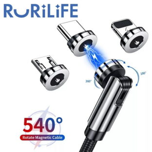 RURILIFE マグネット 充電ケーブル 3in1 USBケーブル 540°充電コード 1m 回転 磁石 マグネット充電ケーブル マグネット式 充電 ケーブル コード スマホ充電コード マグネット式充電ケーブル 充電器 磁気 iphone android Type-c Micro usb タイプC typec 3種