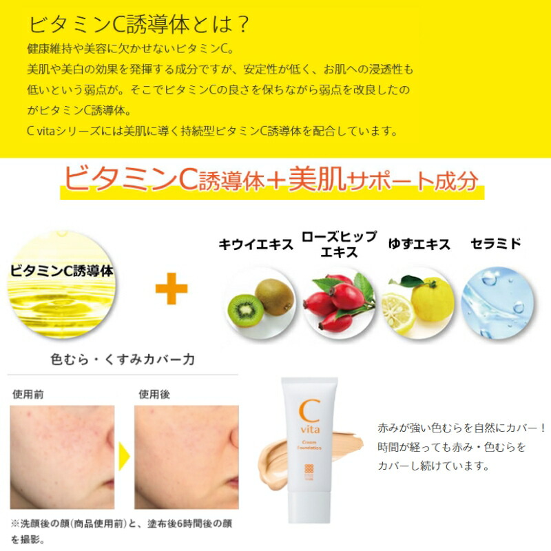 明色化粧品 Cvita クリームファンデーション 30g バランスのとれた万能ナチュラルカラー 持続型ビタミンC誘導体配合 ビタミンケア 肌悩みをしっかりカバー 自然感 マットな仕上がり 密着 明るい 素肌 植物由来成分 肌にやさしい処方 - 画像 (2)