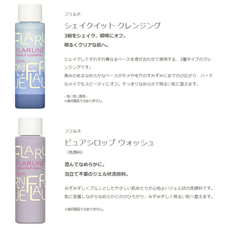 ネコポス速達!アルビオン フラルネ シェイクイット クレンジング〈メイク落とし〉18ml & ピュアシロップ ウォッシュ〈洗顔料〉24ml 外箱なし ミニセット ミニサイズ 特製サイズ サンプル リミテッドデザインキットII 瞬間スピードオフ 頑固なメイクも素早く落とす ALBION - 画像 (2)