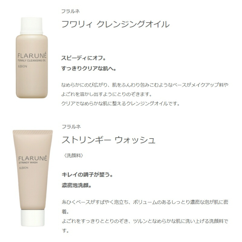 ネコポス速達!アルビオン フラルネ ファーストステップキット〈フワリィ クレンジングオイル 30ml & ストリンギー ウォッシュ 20g〉外箱付き ミニサイズ 特製サイズ サンプル スキンケアセット メイクアップ料・よごれを取り除く ツルツル なめらかな肌へ ALBION albion - 画像 (2)