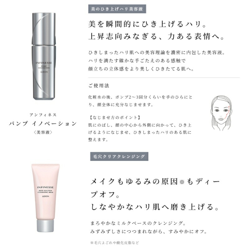 アルビオン アンフィネス パンプ イノベーション キット 限定発売 限定キット(アンフィネス パンプ イノベーション〈美容液〉40ml & クレンジングミルク 18g & ジェルフォーム 18g & ミルク 30g & ローション 30ml & コットン L(ソフト)20枚入)ALBION albion - 画像 (5)