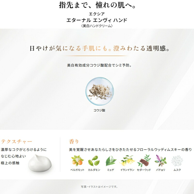 アルビオン エクシア エターナル エンヴィ ハンド〈美白ハンドクリーム〉【医薬部外品】110g 美白有効成分コウジ酸配合 透明感 ハリのある手肌へ 濃密 保湿 うるおい 乾燥防止 手肌の荒れを防ぐ メラニンの生成抑制 シミ・ソバカスを防ぐ ALBION albion - 画像 (4)