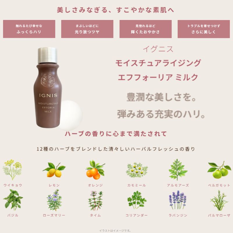 ネコポス速達!イグニス モイスチュアライジング エフフォーリア ミルク〈乳液〉21g 外箱なし ミニサイズ 特製サイズ サンプル 保湿成分 エイジングケア ハリ 伝統植物エキス贅沢配合 濃厚なミルク 心地よく肌を包みこむ 心地よいハーバルフレッシュの香り IGNIS ignis - 画像 (3)