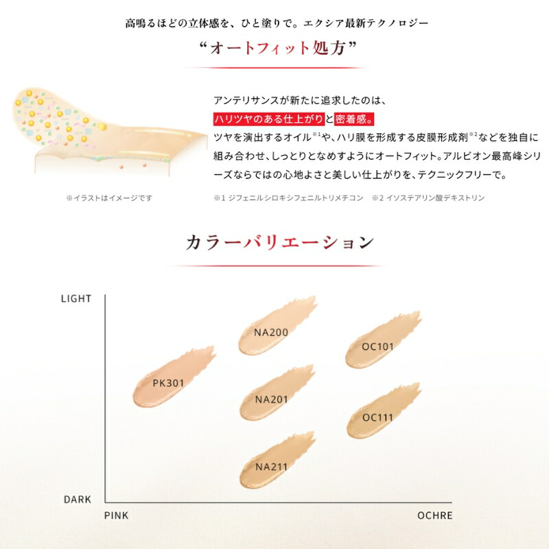 アルビオン エクシア アンテリサンス リフトエマルジョン〈ファンデーション〉10g 全6色 リニューアル発売 中身のみ レフィル 詰め替え用品 専用ケース・パフ別売り ソフトタイプのファンデーション 立体感 ツヤ 肌の色ムラ・毛穴力バ一 引き締め効果 UV効果 ALBION albion - 画像 (4)