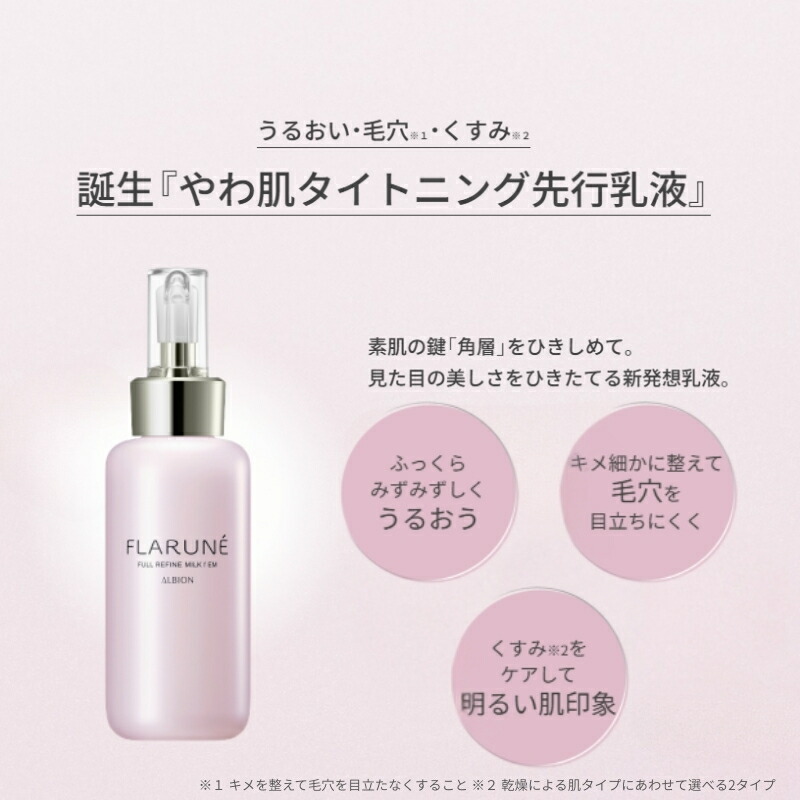 アルビオン フラルネ フルリファイン ミルク f M or EM〈乳液〉200g & ハイドロボム プラス〈化粧水〉200ml スキンケアセット リニューアル新発売 アルビオン最新美容研究の成果 厳選美容成分 肌悩み対策 乾燥・肌荒れ防ぐ うるおい 毛穴・くすみケア ALBION albion - 画像 (2)