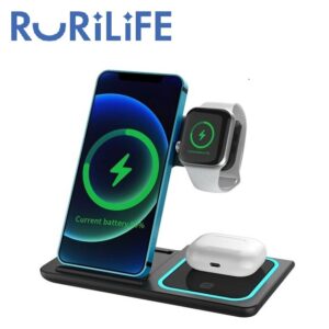 【最新】スマホ 充電器 ワイヤレス RURILIFE ルリライフ 3in1 (三機種同時充電) 折りたたみ式 角度調整可能 ワイヤレス充電器 置くだけ ワイヤレス 置くだけ充電器 スマホスタンド アンドロイド スマートフォン 黒 Qi規格 iphone12 iphone13 iphone14 iphone15 pro Max